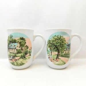 Juego de 2 tazas de café Currier & Ives 4 estaciones Japón verano otoño vintage - Imagen 1 de 11