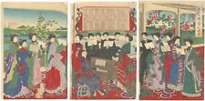 Japanese Woodblock Print Chikanobu Singing Songs Original Woodcut Triptych