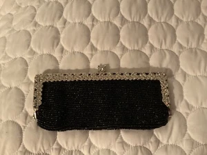 Clara Kasavina Black Beaded Evening Clutch Bag w/Rhinestone Trim Beautiful - Picture 1 of 5