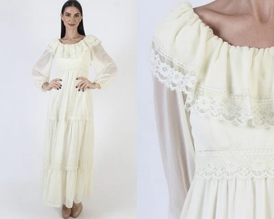 Vtg 70s Cream Prairie Dress Lace Cottagecore Peasant Bridal Wedding Plain Gown - Image 1 of 4
