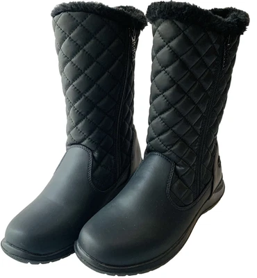 Totes Winter Snow Boots Womens 6.5 M Jade Black Faux Leather Zip FauxFur Quilted - Image 1 of 4
