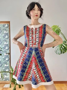 60er Jahre Geri Model Hungarian Mod Folk Chevron Minikleid Schnürung XS/S - Bild 1 von 9