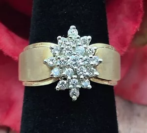 ZALES 14K Gold Wide Band 23 Dimond Cluster Ring Size 6.5 Signed JTC 969 6.61GTW - Picture 1 of 10