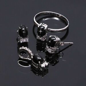 black star sapphire earring pendant ring jewelry set halo 925 sterling silver