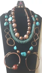 Bundle 3 Necklaces 2 Bracelets Mix No Match Turquiose & Brown Colors - Picture 1 of 10