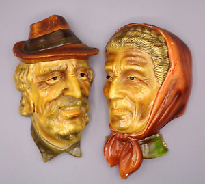 Antique Norcrest Japan 1950s Wall Plaque Hanging Old Man and Old Woman Pair