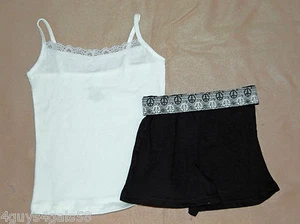 Girls Shorts Set WHITE LACE TRIM CAMI Black Fold Down Shorts M 7-8 PEACE SIGNS - Picture 1 of 1