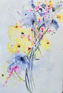 Original Signed Watercolor Painting. Floral. Abstract. Blue. Yellow. Bouquet. - Picture 1 of 2