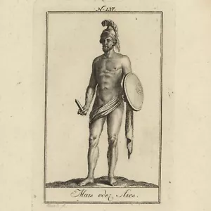 Griechische Mythologie Mars Ares Waffen Kriegsgott Original Kupferstich 19 Jhd - Bild 1 von 3