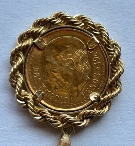 Vintage 1945 22k Gold 2.5 Pesos in 14k Gold Bezel - On 18” Non-gold Chain #4376 - Picture 1 of 4