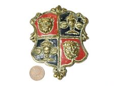 19thC Horse Brass Red & Black Enamel Shield Lions Heads FAMILY ARMS #HB120