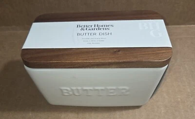 Plato de mantequilla Better Homes jardines porcelana en relieve granja madera de acacia blanco Foto 1 de 4