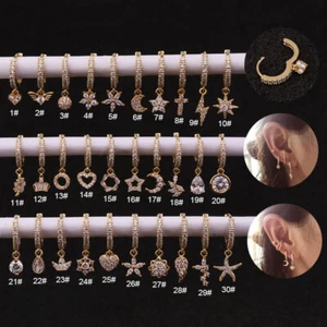 Zircon Moon Star Dangle Earrings Clicker Hoop Tragus Helix Cartilage Earrings - Picture 1 of 21