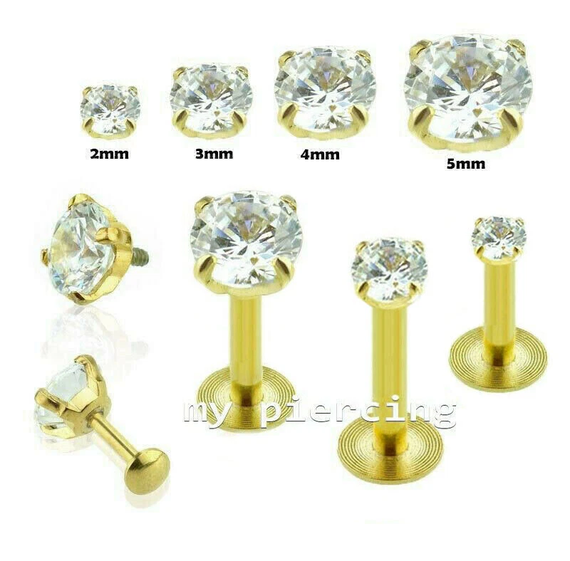 PAR DE PINOS de aço cirúrgico IP ouro 16G com rosca interna CZ Labret Tragus - Imagem 1 de 1