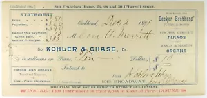 1891 CALIFORNIA Oakland CA Kohler & Chase Piano & Organ's Bank Check FREE SHIP - Picture 1 of 2