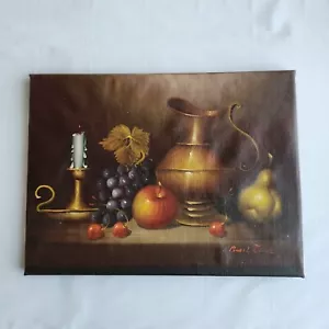 Natura morta brocca ottone portacandele mela pera e uva dipinti ad olio 12x16 - Foto 1 di 10