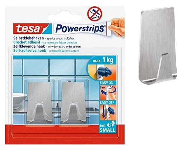 Tesa ® Powerstrips® Selbstklebehaken Edelstahl  b.1kg Wandhaken Klebehaken 57066 - Bild 1 von 1