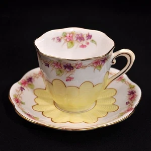Royal Albert Crown Cup Saucer A1124 Yellow Floral Garland Gold Ribbed 1925-1927 - Picture 1 of 12