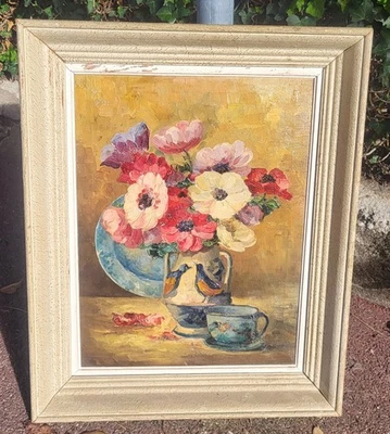 Ecole Française.  Tableau ancien.  Bouquet de Fleurs.  Peinture huile sur toile. - Photo 1/4