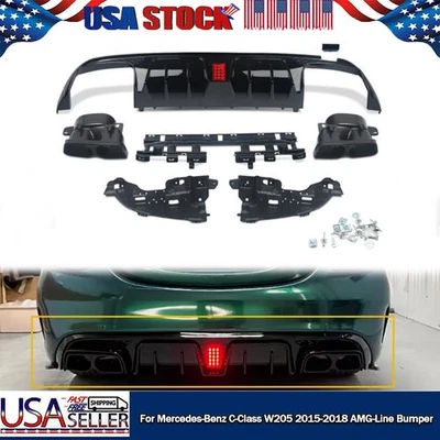 B Style Rear Diffuser Exhaust Tips W/LED Fits BENZ W205 C63 C63S C43 2015-2021 Foto 1 de 4