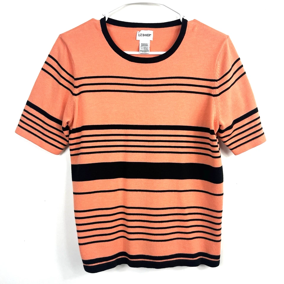 Suéter informal manga corta a rayas negro naranja cuello redondo Liz Baker para mujer M Foto 1 de 4