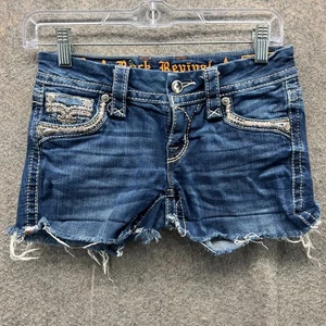 Rock Revival Shorts Women 23 Blue Denim Distressed Embroidered Pockets Yara Cut - Picture 1 of 13