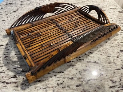 Centro de mesa de madera de bambú doblado con caparazón de tortuga de colección bandeja para servir asas 14x10" Foto 1 de 4