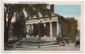 Pilgrim Hall Plymouth MA Street Scene coches antiguos frontera blanca postal publicada 1920 - Imagen 1 de 14