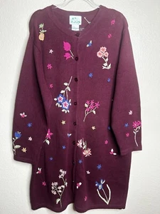 Quacker Factory PRISTINE 1X Ladies Cranberry Floral 3/4 Long Sweater Cardigan - Picture 1 of 8
