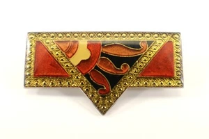 Art Deco Brosche Anstecknadel Sonne orange schwarz gold Emaille Saftverschluss 1,75" lang - Bild 1 von 4