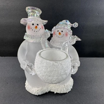 Muñeco de Nieve Pareja Vidrio Tealight Candelabro Esmerilado Iridiscente Decoración de Invierno Foto 1 de 4