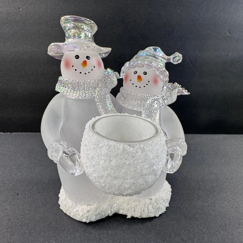Muñeco de Nieve Pareja Vidrio Tealight Candelabro Esmerilado Iridiscente Decoración de Invierno Foto 1 de 4