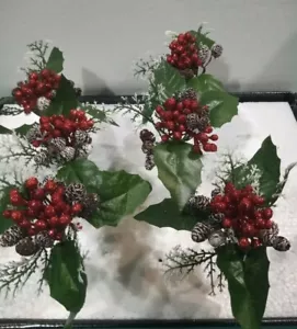 6 Red berry Christmas Pick Decorations. Handmade with real miniature pine cones. - Picture 1 of 6