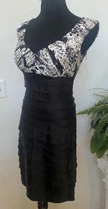 Cachet Embellished Floral White Black Silk Blend Tiered Sheath Dress Sz 4, $168 - Picture 1 of 6
