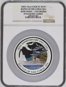 2002 Cook Islands $10 Silver 10oz Battle of the Coral Sea NGC PF69UC Colorized B - Picture 1 of 3
