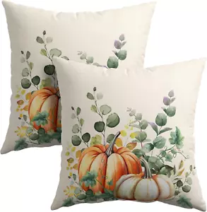 Fall Throw Pillow Cover 18X18 Inch Pack of 2 Autumn Watercolor Pumpkin Sage Gree - Picture 1 of 8