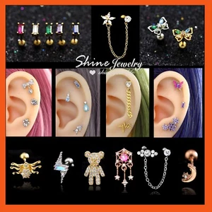 Color Gem Helix Conch Ear Climber Cartilage Ring Ball Bar Stud Piercing Earring - Picture 1 of 157