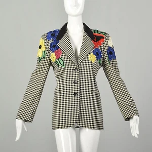 Medium 1980s Escada Blazer Black Gingham Novelty Flower Soutache Jacket VTG - Picture 1 of 12
