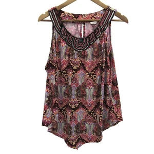 Womens L Multicolor Paisley Print Sleeveless Blouse Beaded Neckline Asymmetric - Picture 1 of 14