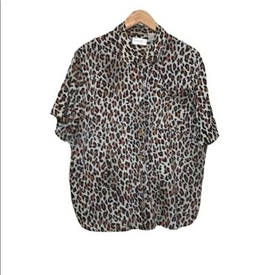 Blusa Elisabeth Liz Claiborne Mujer Talla 14P Botón Frontal Estampado Leopardo Bolsillo Foto 1 de 4