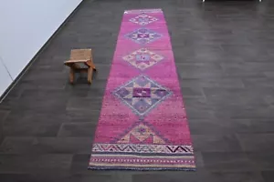 Vintage Türkischer Läufer Teppich 3x12ft Wolle Anatolisch Handarbeit Flur Oushak ROSA - Bild 1 von 10