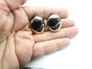 Designer Black Enamel Oval Gold Tone Metal Pierced Earrings Vintage - Picture 1 of 4