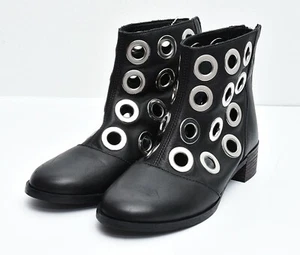 DIESEL Women's Back Zip Black Eyelet Ankle Leather Biker Boots sz 37 - Picture 1 of 6