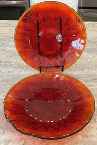 2 Amberina Sun Face Art Glass Plates 8.25" Blenko? Smiling Sun Face Design - Picture 1 of 5