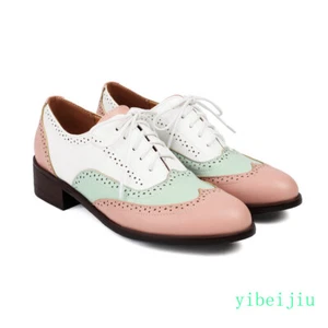 2025 Women's Wing Tip Brogue Colorblocks Patchwork Leather Shoes Casual Oxfords - Picture 1 of 30