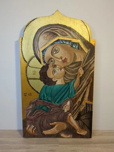 Vintage handbemalte Ikone Jungfrau Maria Christkind Jesus byzantinischer Künstler signiert - Bild 1 von 8