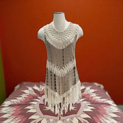 Jessica Taylor Crochet Fringe Boho Festival Tank Top Beige Hippie Cottagecore - Photo 1/4