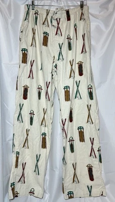 Garnet Hill Flannel Sleep Pants Tan Vintage Skis Sled Holiday Print Mens Size M - Imagem 1 de 4