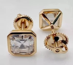 4Ct Asscher-Cut -Created Screw Back Bezel Stud Earring Solid REAL SILVER Yellow - Picture 1 of 6