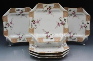 6 French Haviland & Co Limoges Square Dessert Plates Birds Flowers Folded Edges - Picture 1 of 13